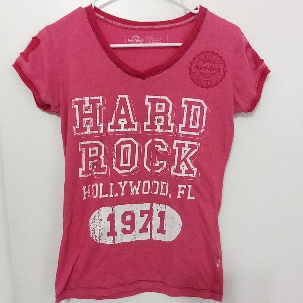 HARD ROCK HOLLYWOOD FL. LETS PLAY SHORT SLEEVE PINK JR Distressed T SHIRT SM